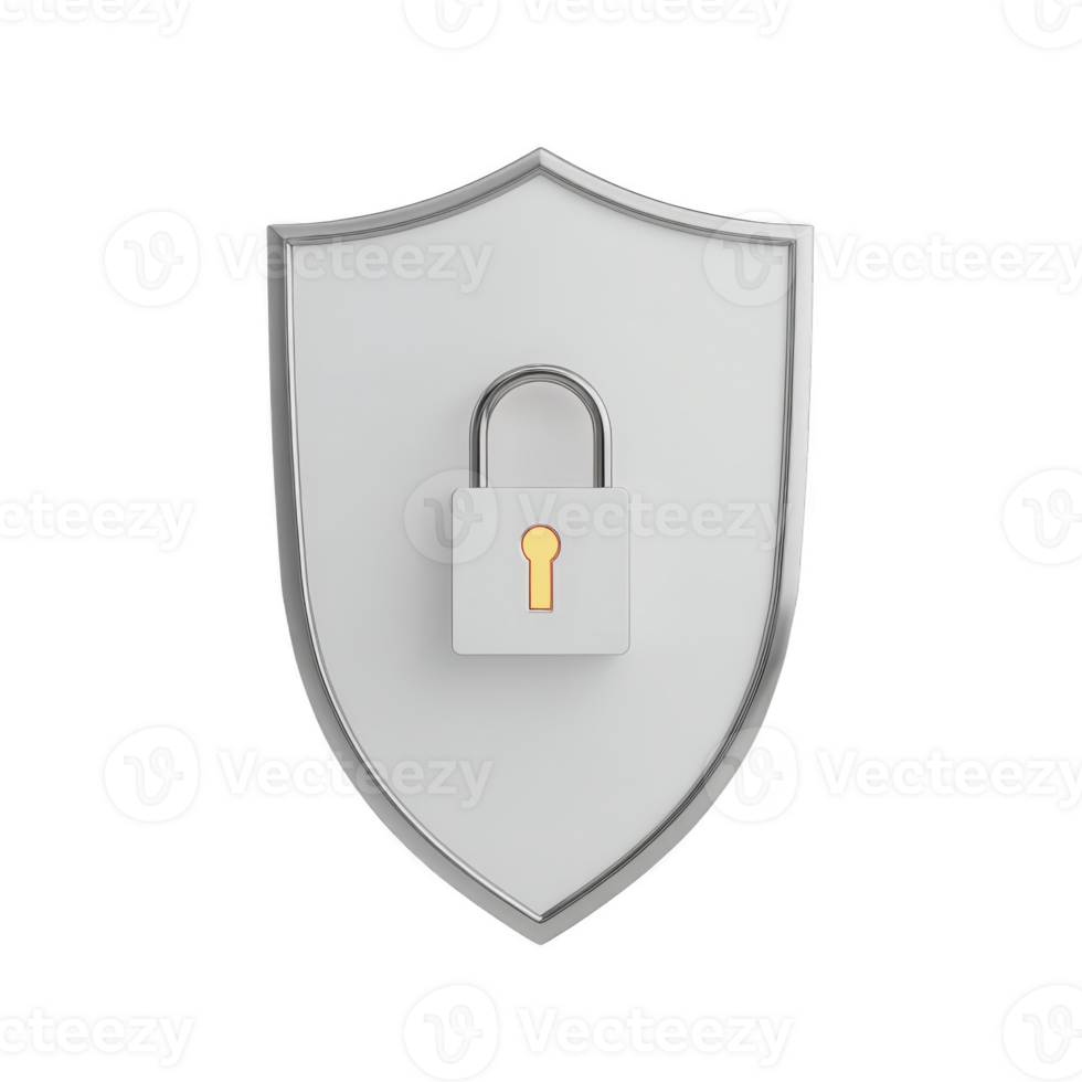 White shield with silver outline features central padlock symbolizing security and protection. design conveys sense of safety and reliability png
