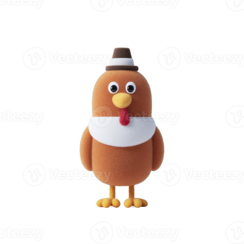 Cute cartoon turkey with pilgrim hat and white bib stands cheerfully, symbolizing Thanksgiving. Its round body and bright colors add playful touch to festive theme png