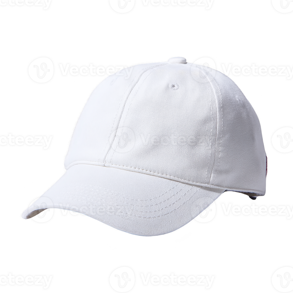 Plain white baseball cap is displayed against solid background, showcasing its simple and classic design. cap features curved brim and adjustable strap, suitable for casual wear png