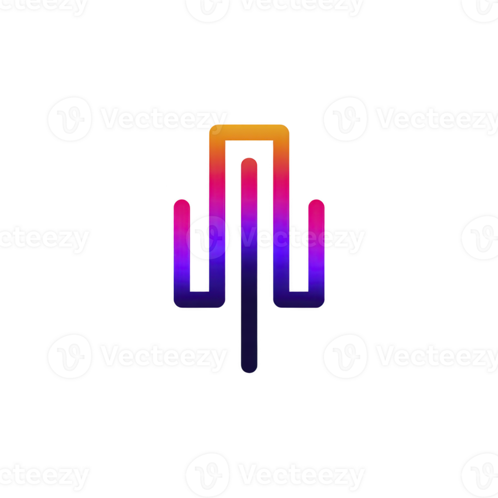 Colorful, abstract logo design features gradient of orange, pink, and purple hues, forming symmetrical, vertical shape resembling stylized tree or circuit. vibrant colors create modern and dynamic png