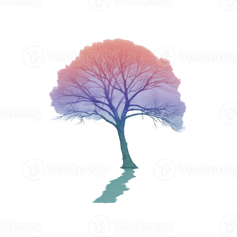 Vibrant tree with bare branches is depicted in gradient of red to blue, creating striking silhouette against transparency background. reflection below adds depth and symmetry png
