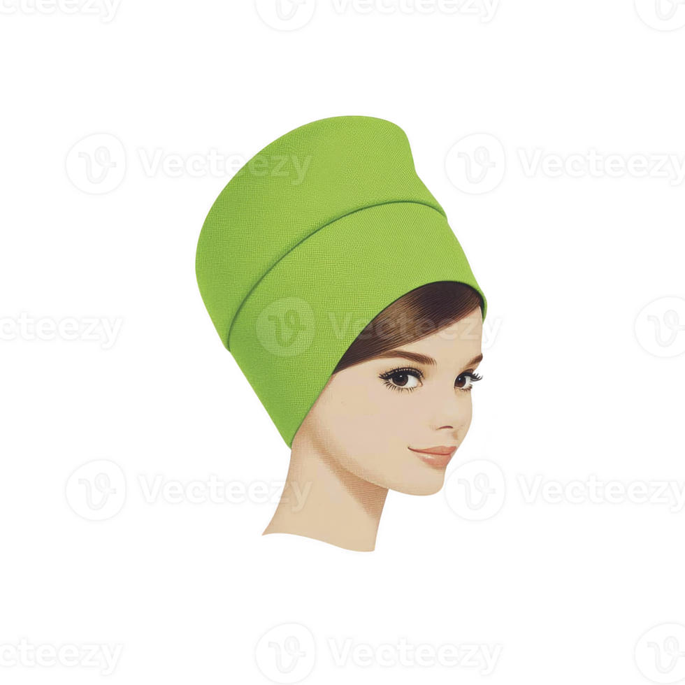 Retro illustration of woman wearing vibrant green turban, showcasing vintage fashion style with confident expression. image highlights classic beauty and elegance png
