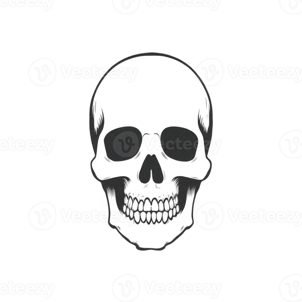 Detailed black and white illustration of human skull, showcasing intricate shading and texture. skull is centered on plain background, emphasizing its features and creating striking visual impact png