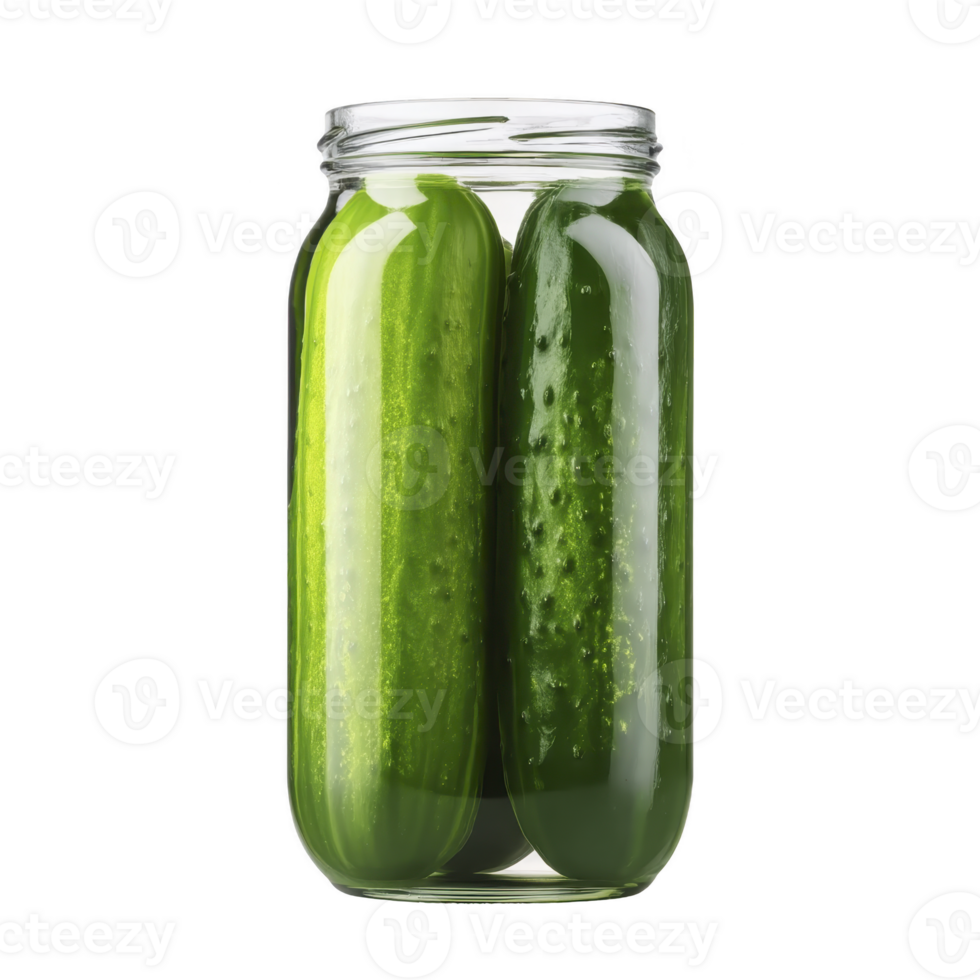 Glass jar filled with fresh, whole pickles, showcasing their vibrant green color and bumpy texture. jar is sealed, preserving pickles crispness and flavor png