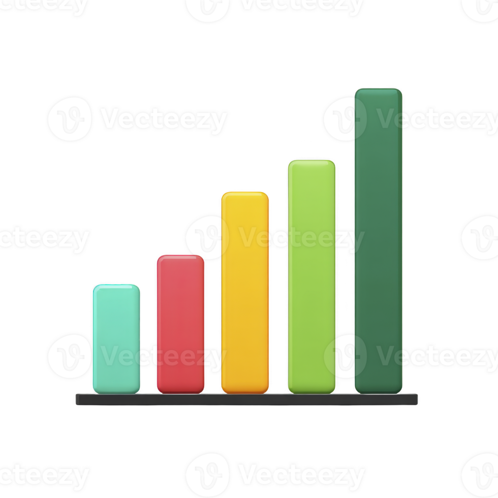 Colorful 3D bar chart with five vertical bars varying heights, each different colors, represents data visualization and growth. bars are arranged from shortest to tallest, symbolizing progress png