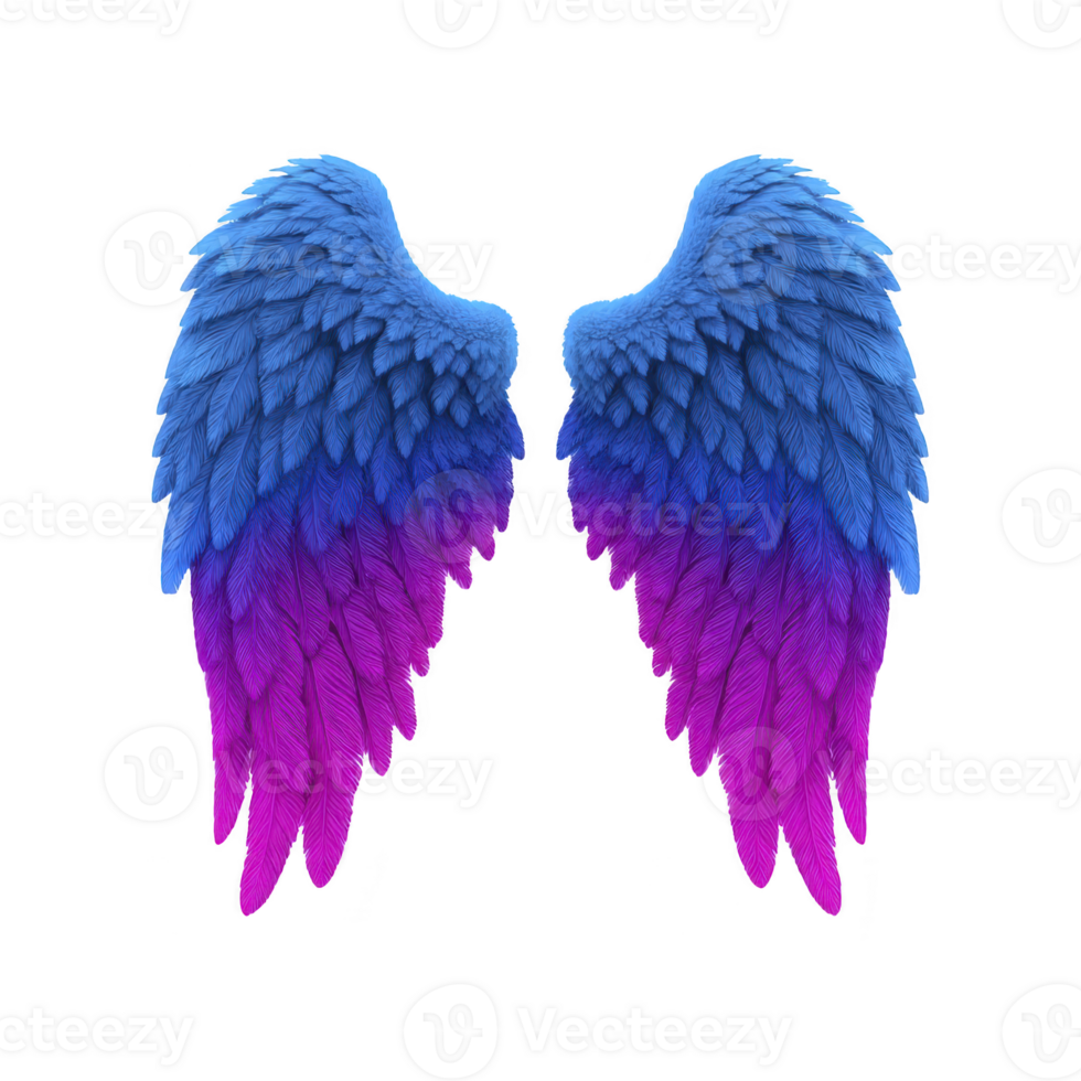Vibrant blue and purple angel wings with detailed feathers create mystical and ethereal appearance. gradient transition from blue to purple adds depth and fantasy to design png