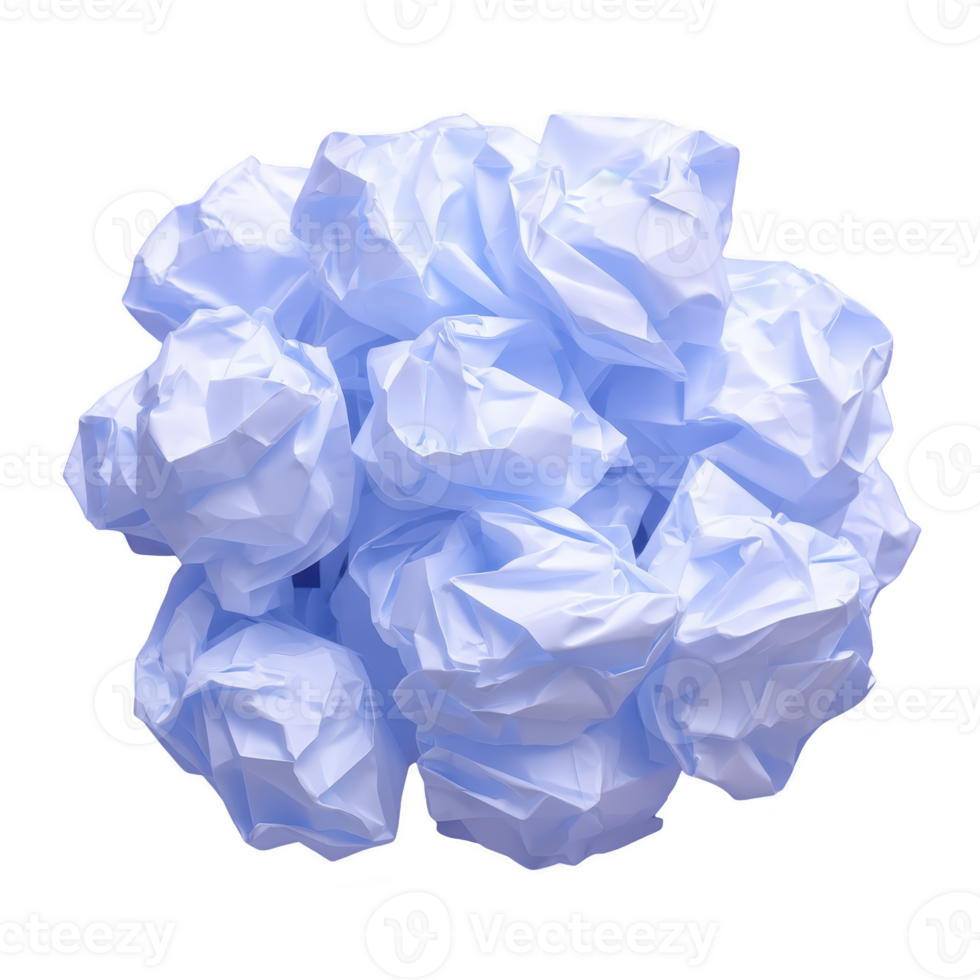 Crumpled white paper balls isolated on transparency background, creating textured and abstract composition. image conveys sense of creativity and brainstorming png