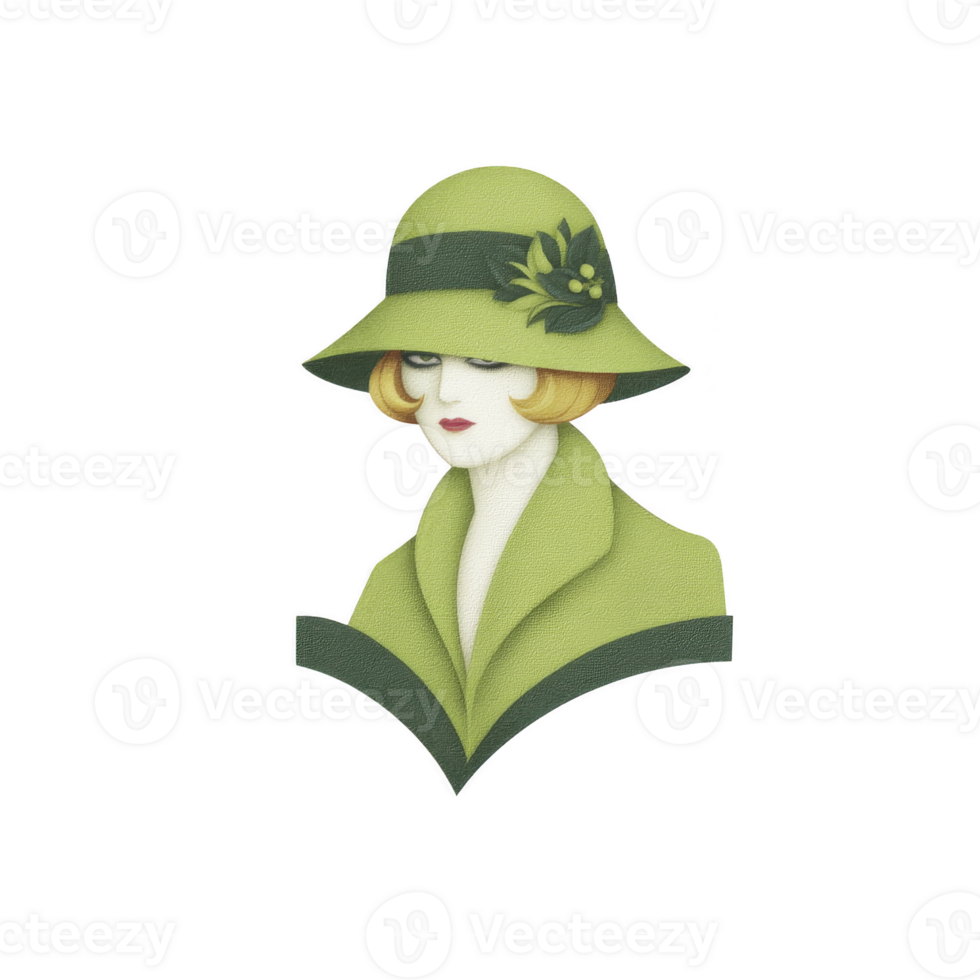 Vintage illustration of woman wearing green hat with flower, matching coat, and serene expression. style is reminiscent of early 20th century fashion illustrations png