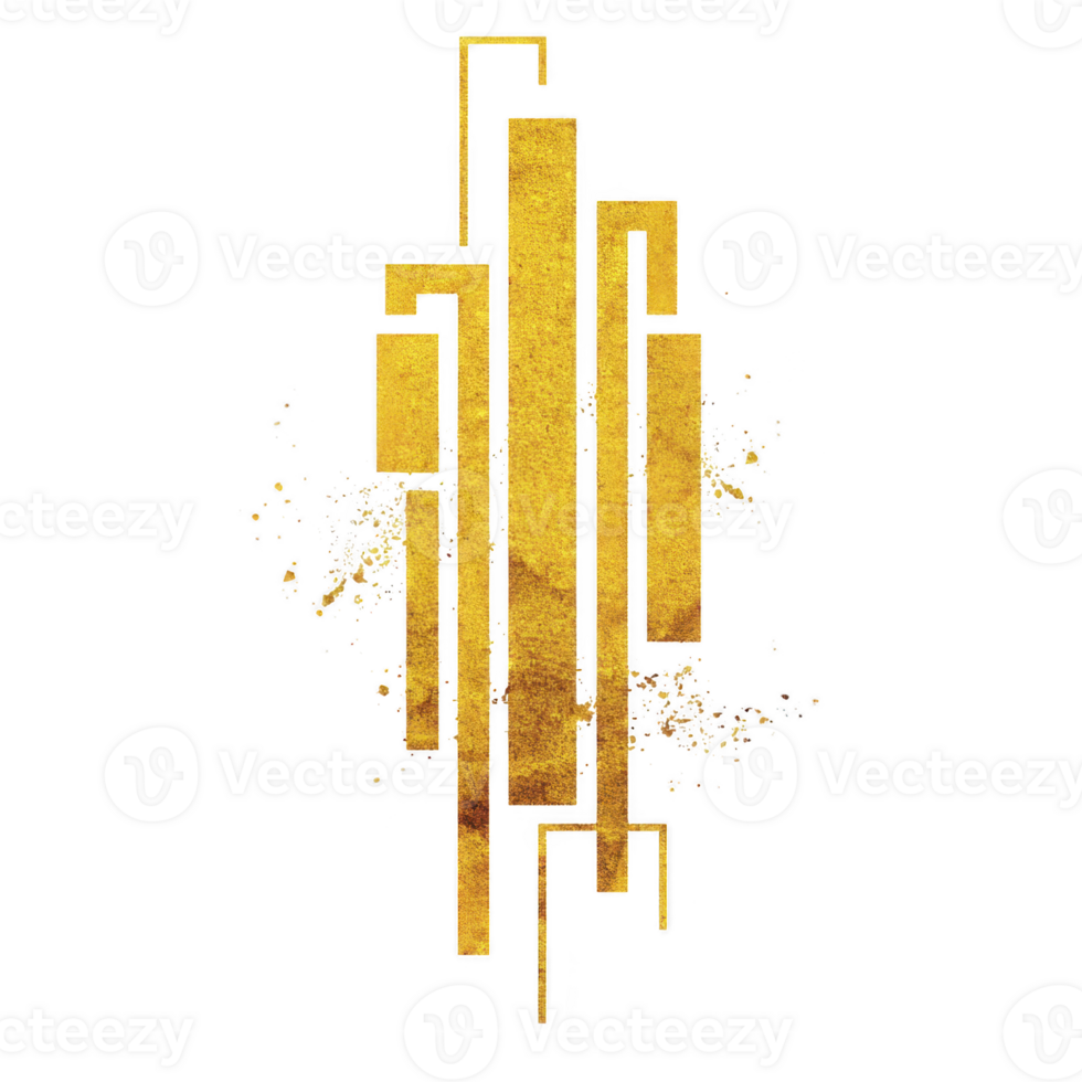 This features gold geometric design with vertical and horizontal lines, resembling abstract art deco pattern. gold elements are set against transparency background, creating striking contrast png