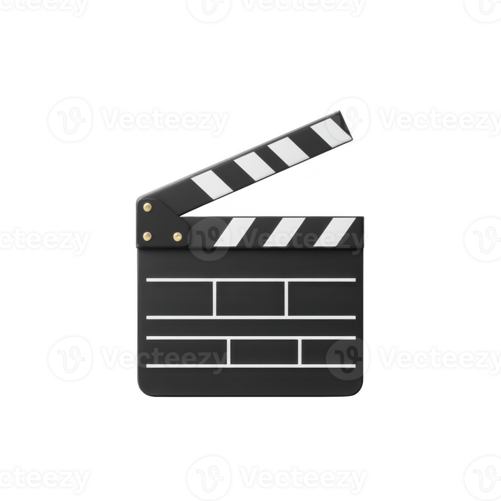 Classic black and white film clapperboard with striped top is shown, often used in movie production to mark scenes. clapperboard is open, displaying its iconic design png
