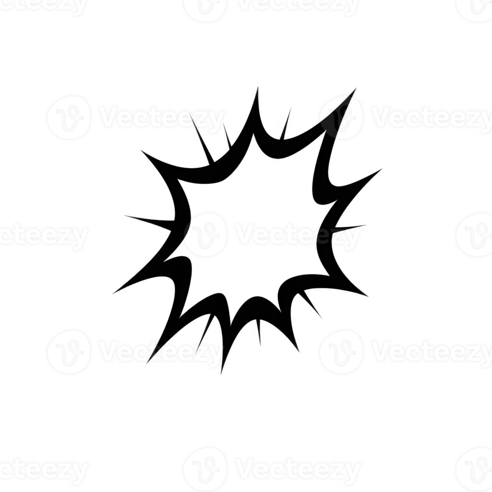 Black and white comic style explosion graphic with jagged edges, resembling burst or impact. design is simple and bold, often used in illustrations to depict action or emphasis png
