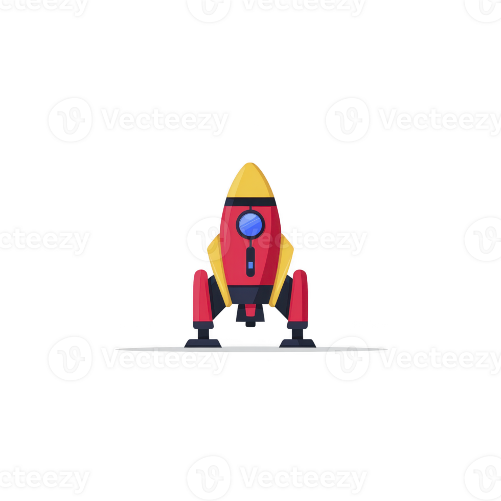 Colorful cartoon rocket ship with yellow top and red body stands upright, ready for launch against plain background. design is simple and playful, evoking sense of adventure png