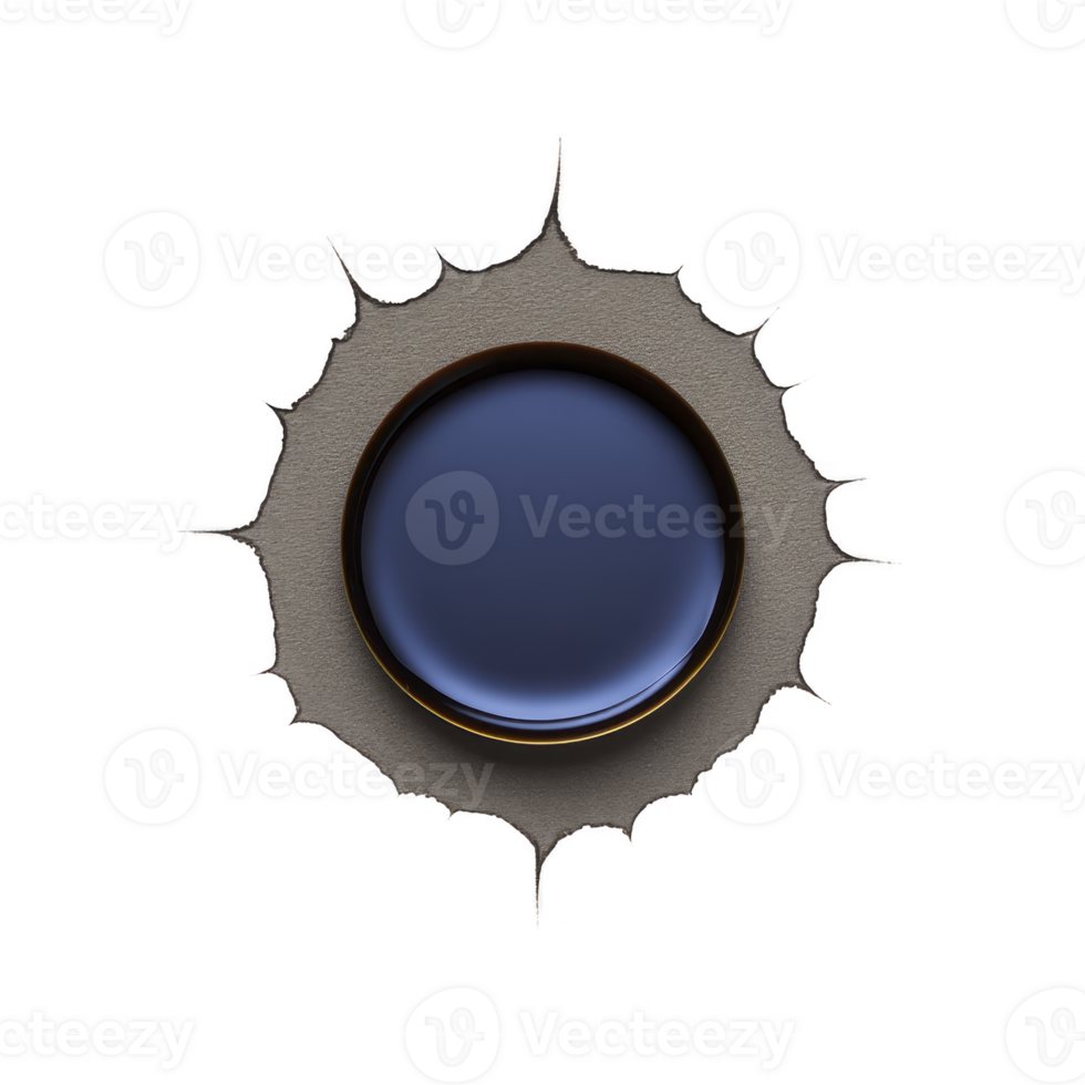 Round, blue button with metallic rim is set against textured, spiky background, creating futuristic and abstract design. contrast between smooth button and jagged edges adds visual interest png