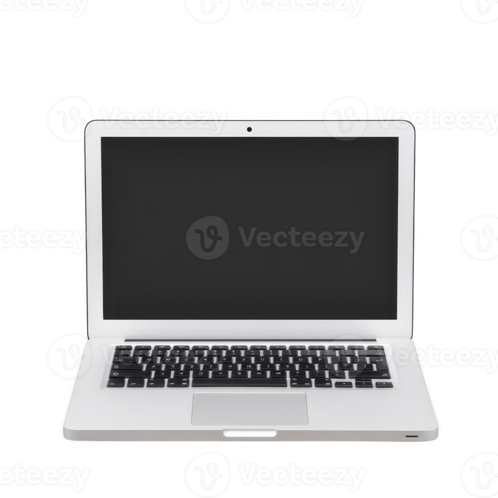 Sleek silver laptop with blank black screen, featuring keyboard and touchpad, ideal for work or study. minimalist design is modern and versatile png