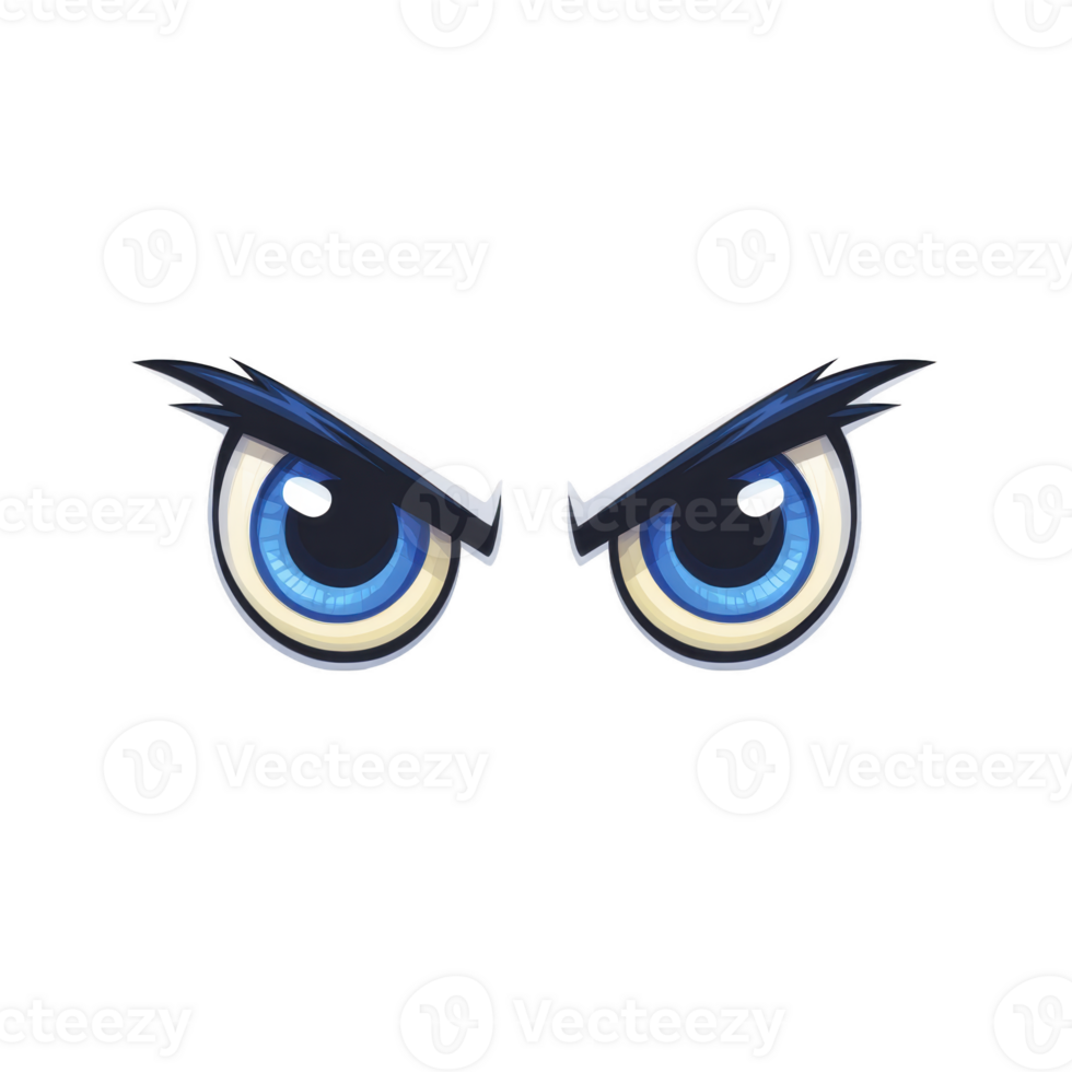 Fierce cartoon eyes with blue irises and dark eyebrows convey intensity and focus. bold design is striking and expressive, perfect for adding character to various creative projects png