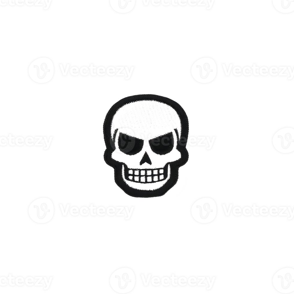 Black and white skull illustration with textured design, featuring bold outlines and stylized appearance. skull has edgy and artistic vibe, suitable for graphic design projects png