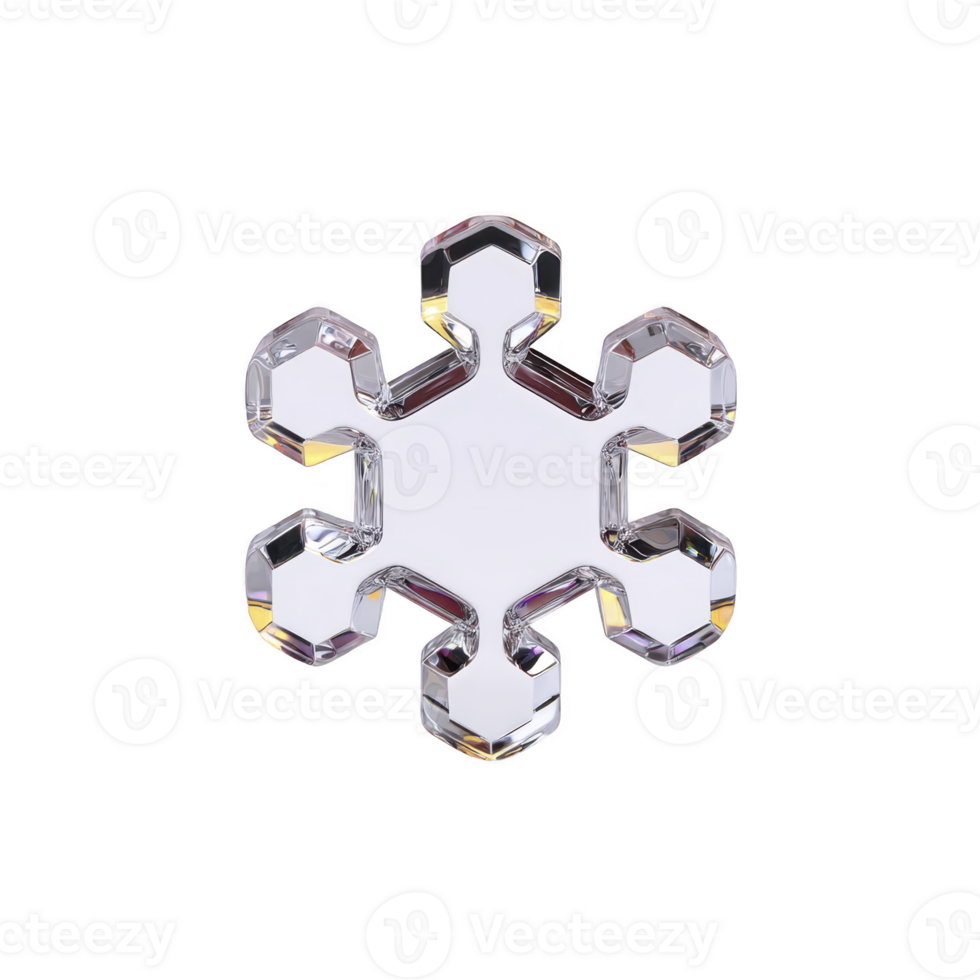 Shiny, transparent snowflake with geometric design and reflective surfaces, isolated on transparency background, evokes sense of winter elegance png