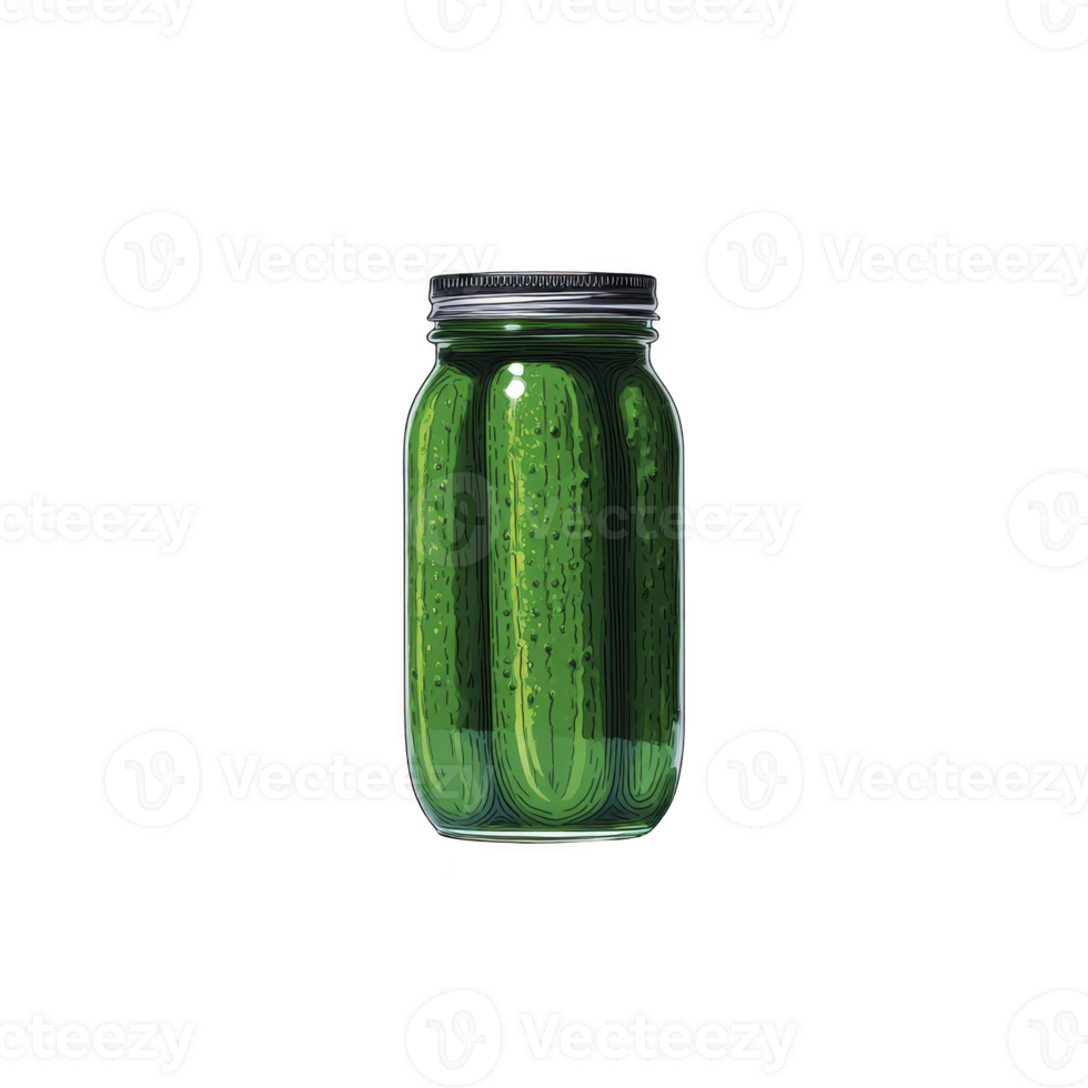 Jar of pickles is shown, featuring whole cucumbers preserved in brine. glass jar is sealed with metal lid, showcasing vibrant green color of pickles inside png