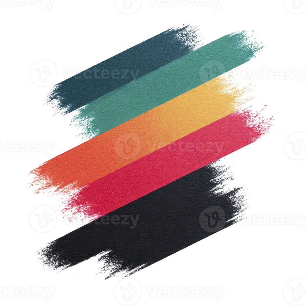 Colorful brush strokes in teal, green, yellow, orange, red, and black create vibrant abstract design on transparency background. textured strokes overlap slightly, adding depth and interest png