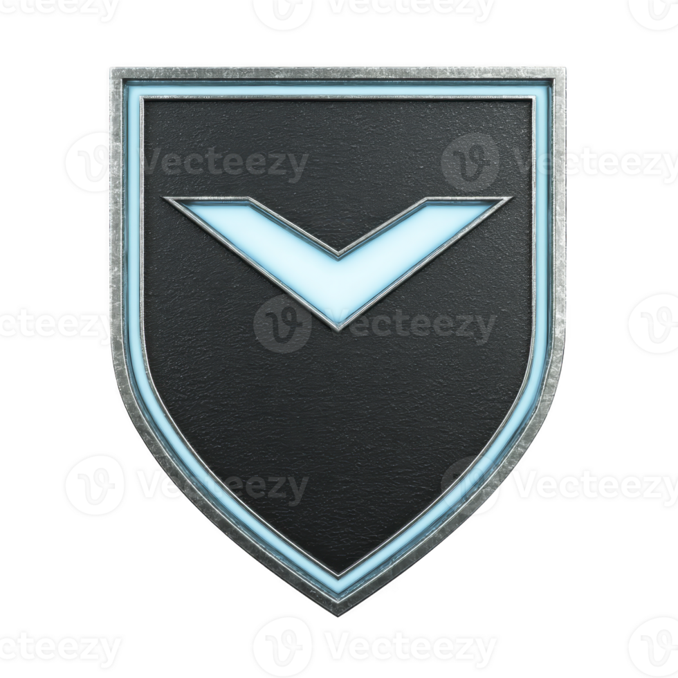 Sleek black shield with glowing blue chevron design, symbolizing protection and strength. modern emblem is set against metallic border, conveying sense of futuristic security png