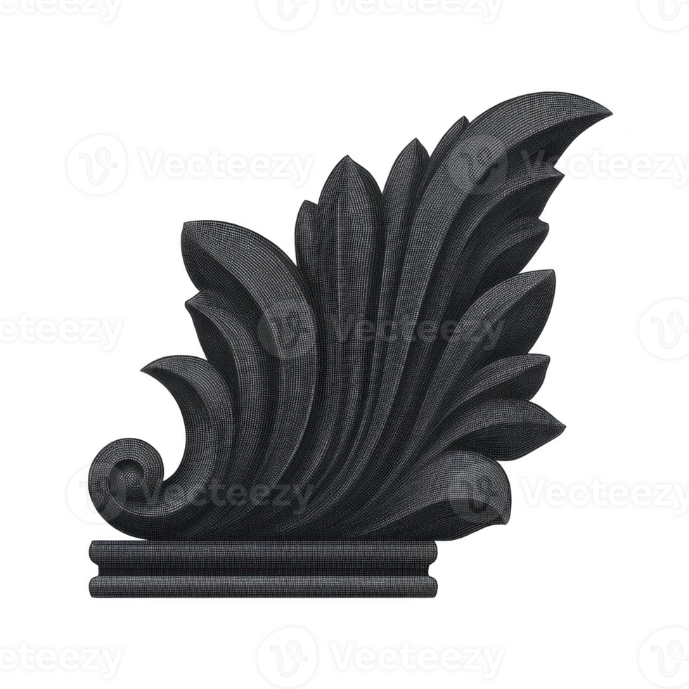 Ornate black decorative element with intricate leaf like patterns, often used in architecture or design for embellishment. elegant curves and detailed texture add classic touch png