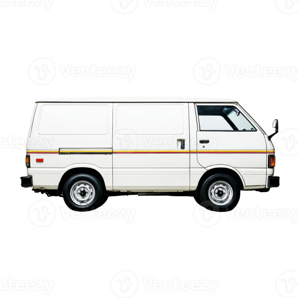 Classic white van with retro orange stripes is shown in side view, highlighting its vintage design and compact size. vehicle clean lines and nostalgic style evoke sense of adventure png