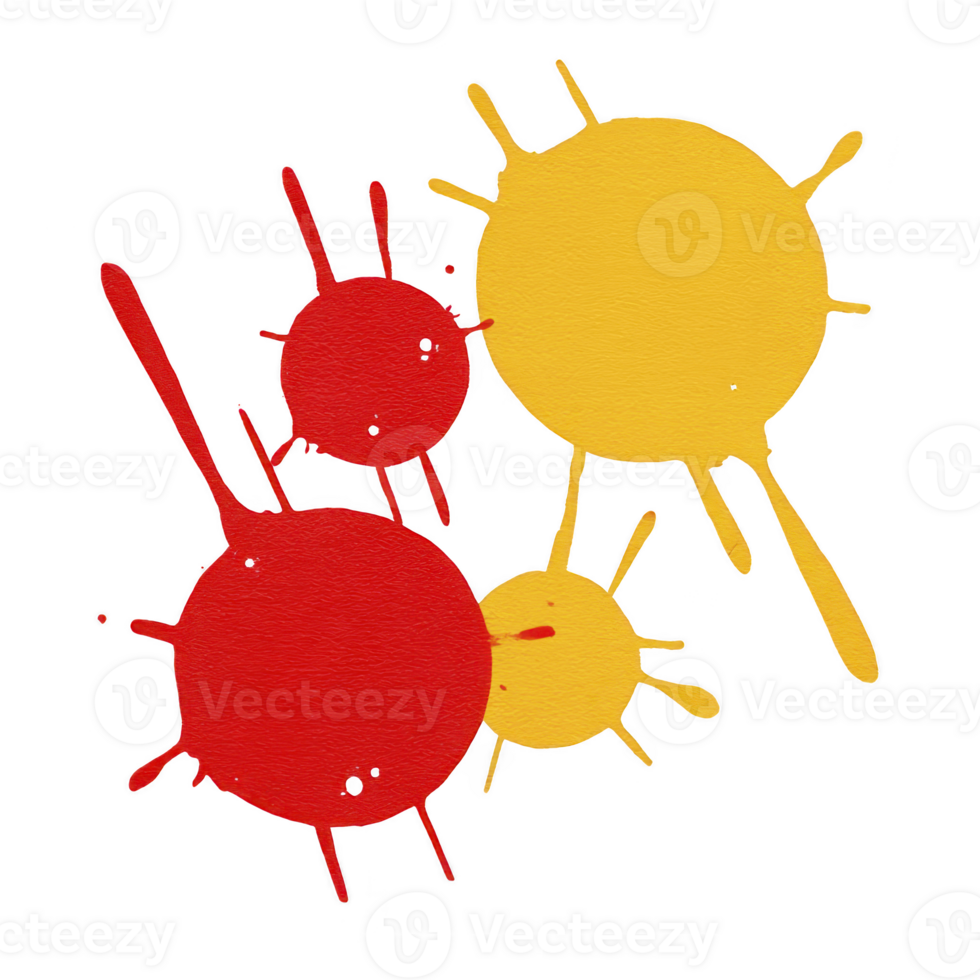 Colorful paint splatters in red and yellow create abstract and vibrant design on textured surface. splashes vary in size, adding dynamic energy to composition png