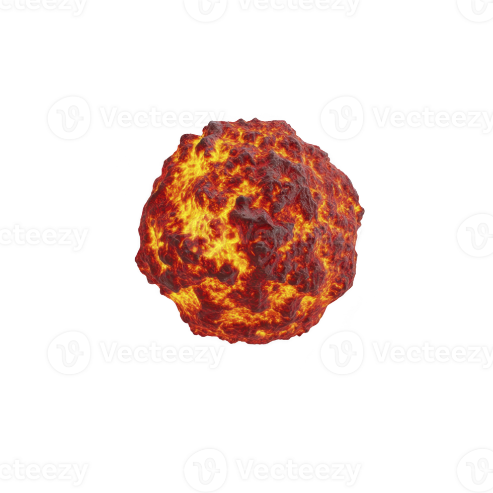 Fiery, glowing ball of flames and molten rock, resembling meteor or fireball, isolated on transparency background. intense heat and vibrant colors create dramatic effect png
