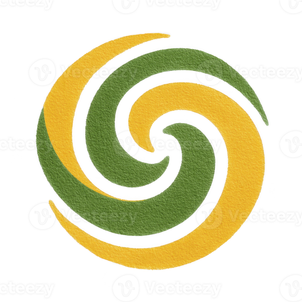 This features circular, swirling design with interlocking green and yellow shapes, creating dynamic and harmonious pattern. design is abstract and can evoke sense of movement and balance png