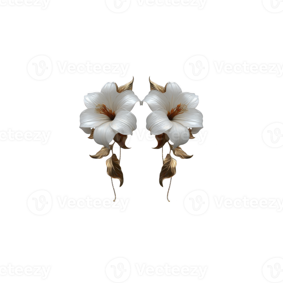 Two elegant white flowers with golden leaves are symmetrically arranged against transparency background, creating luxurious and artistic floral design png