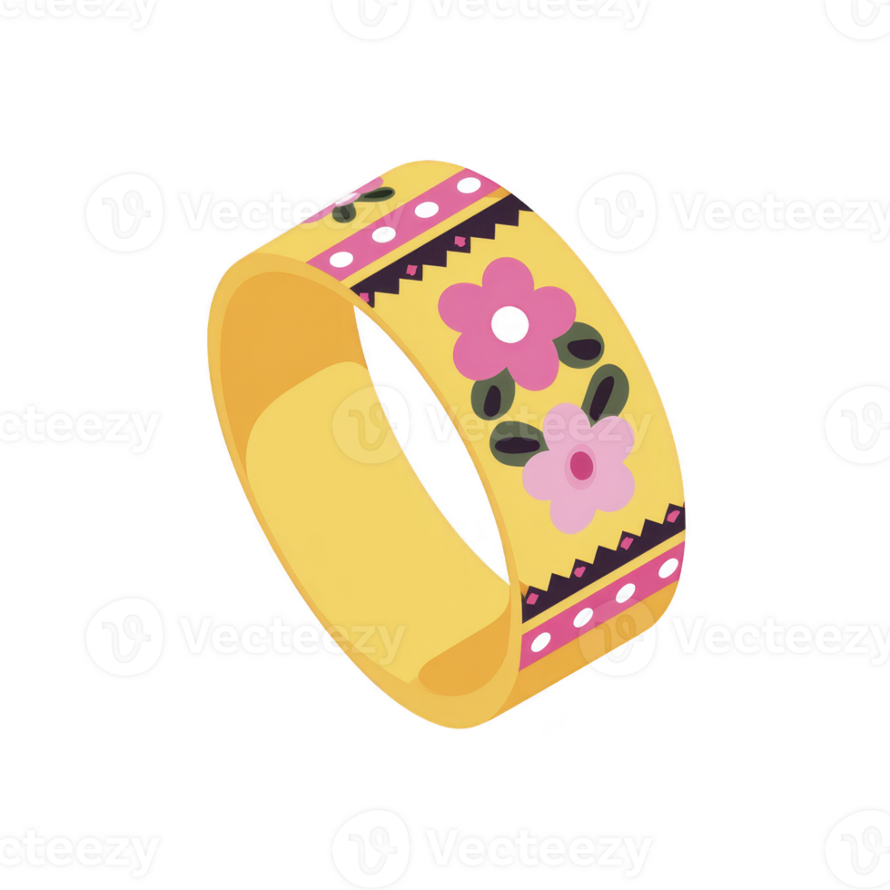 Vibrant yellow ring with floral patterns and decorative elements, featuring pink and black flowers with green leaves, creating cheerful and playful design png
