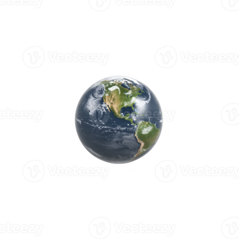 Realistic depiction of Earth from space, showcasing North and South America with visible cloud formations over oceans. planet is set against transparency background, highlighting its vibrant png