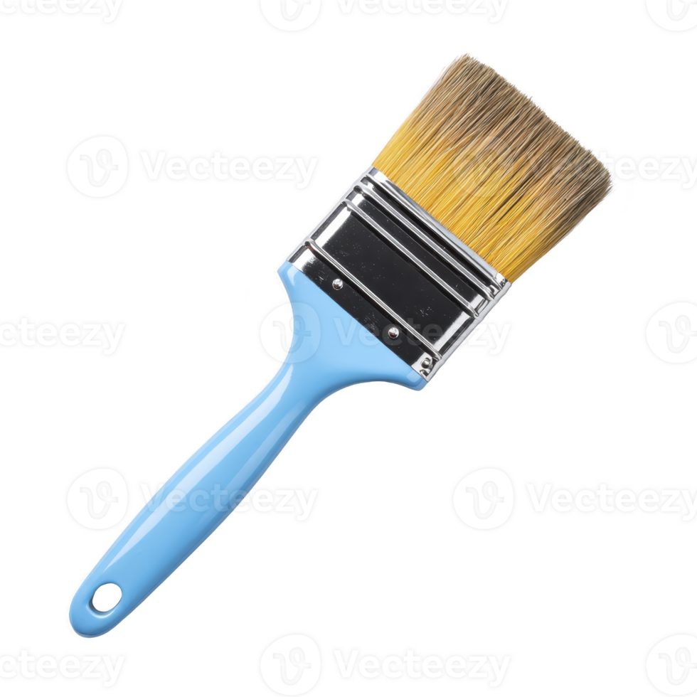 Blue handled paintbrush with yellow bristles is isolated on transparency background, showcasing its sleek design and functionality for painting tasks png