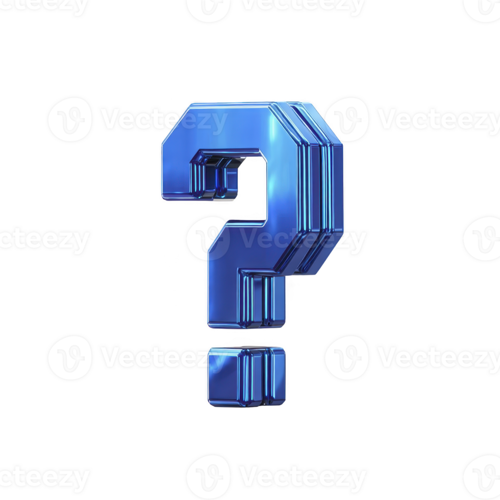 Shiny blue 3D question mark with metallic finish stands out against transparent background, symbolizing inquiry and curiosity png