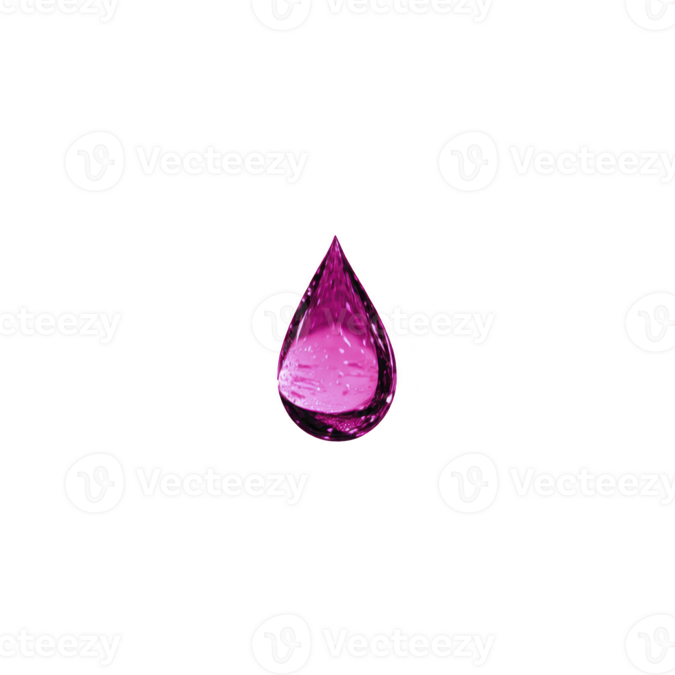 Vibrant pink water droplet with glossy surface, isolated on transparency background, creates striking contrast. droplet smooth texture and vivid color evoke sense of freshness and purity png