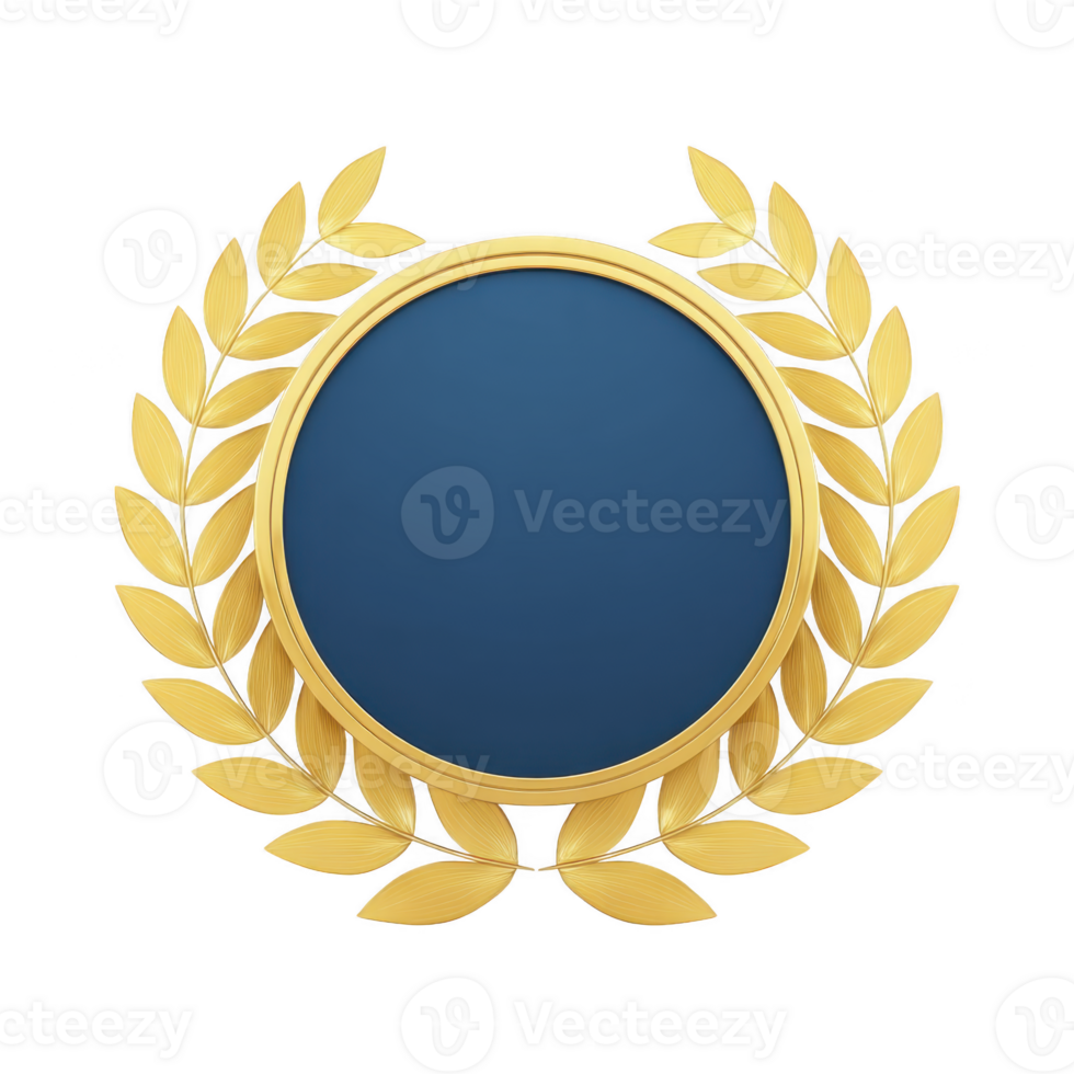 Gold laurel wreath encircles blank blue circular emblem, symbolizing achievement and prestige. design is elegant and classic, often used for awards or recognition png