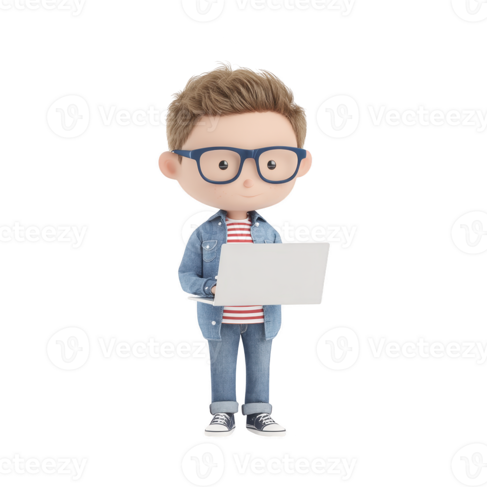 Cute 3D character with glasses and striped shirt is holding laptop, wearing denim jacket and jeans, and standing in casual pose png