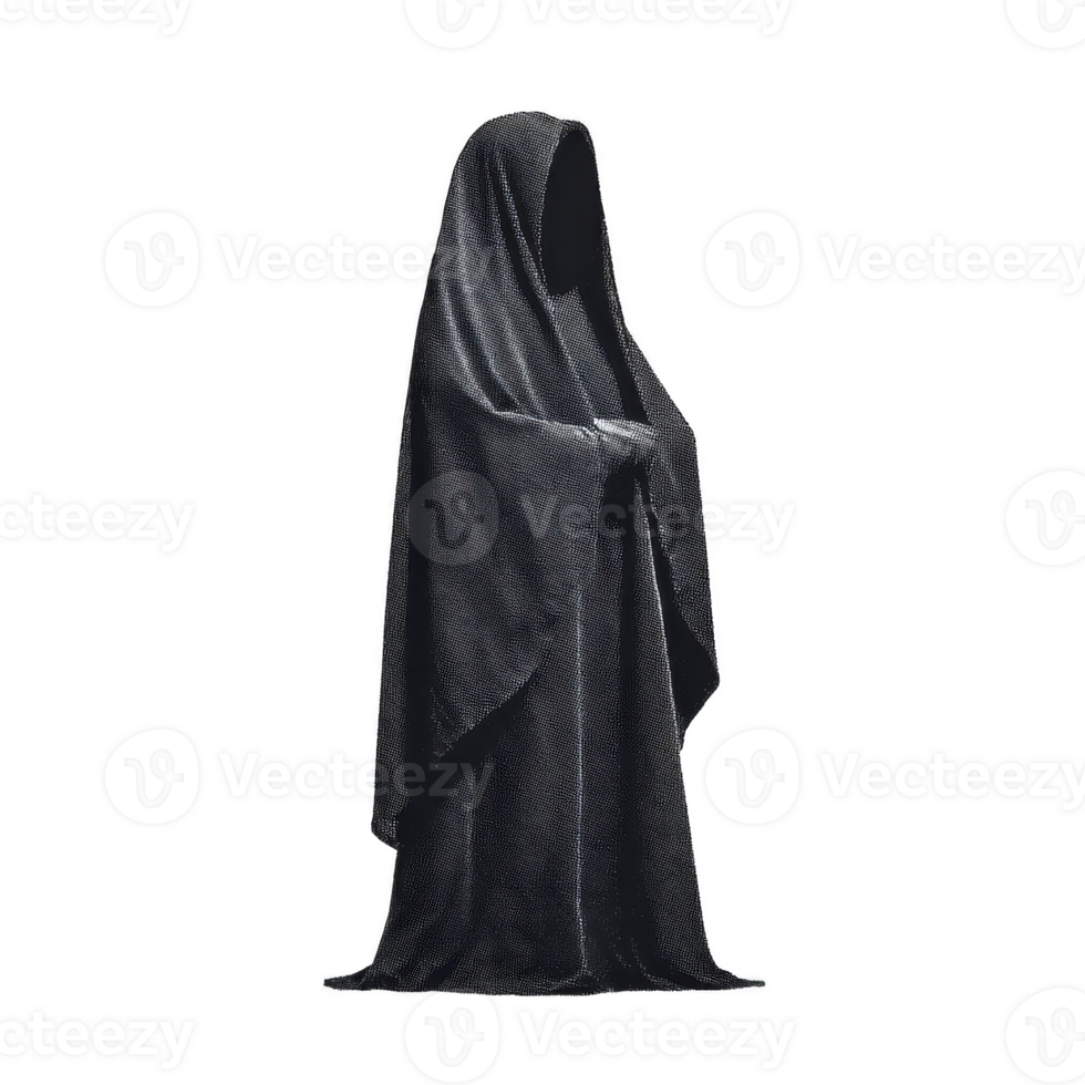 Mysterious figure stands shrouded in dark, flowing cloak, exuding aura of enigma and intrigue. hooded robe conceals face, adding to air of mystery png