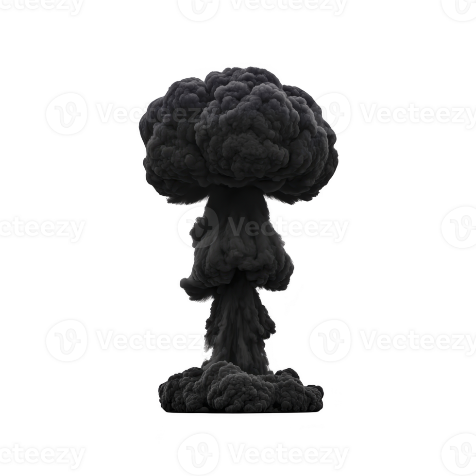 Large, dark mushroom cloud rises dramatically against stark background, symbolizing power and destruction. ominous shape evokes sense of awe and fear png