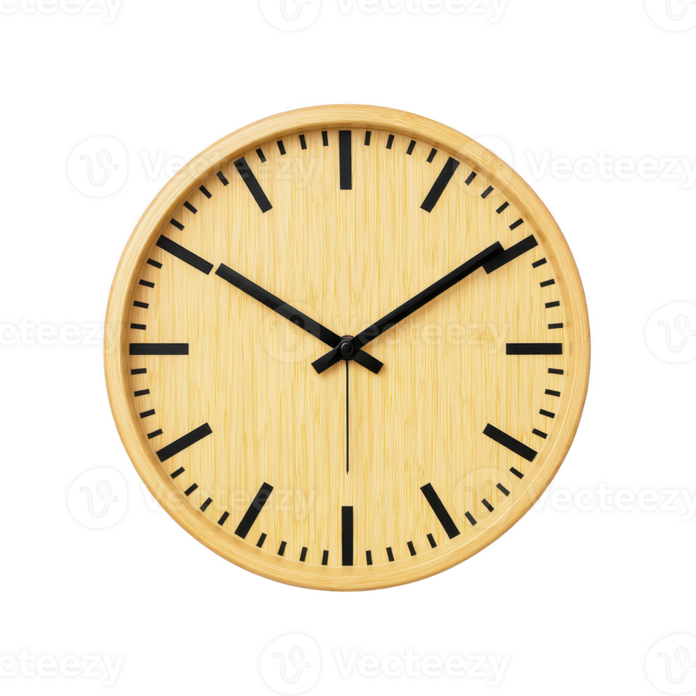 Round wall clock with wooden finish and black hour markers and hands, displaying minimalist design. clock simple aesthetic adds touch of elegance to any room decor png
