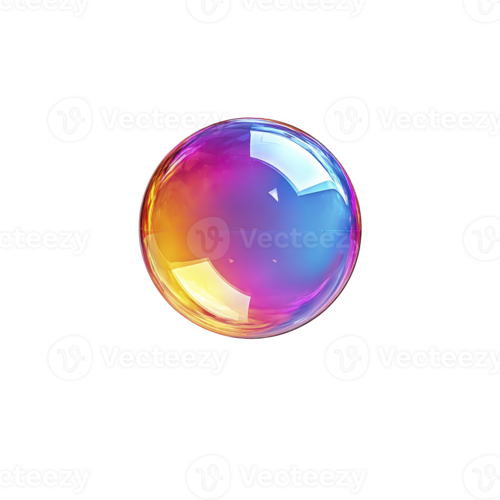 Vibrant, colorful soap bubble with gradient of pink, blue, and orange hues floats against transparency background, reflecting light and creating sense of whimsy and wonder png