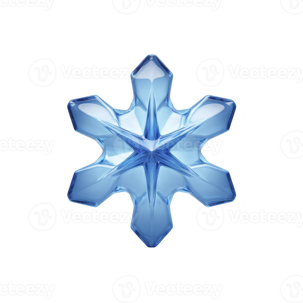 Shiny, blue, geometric snowflake with crystal like appearance, isolated on transparency background, showcasing intricate symmetry and modern design png