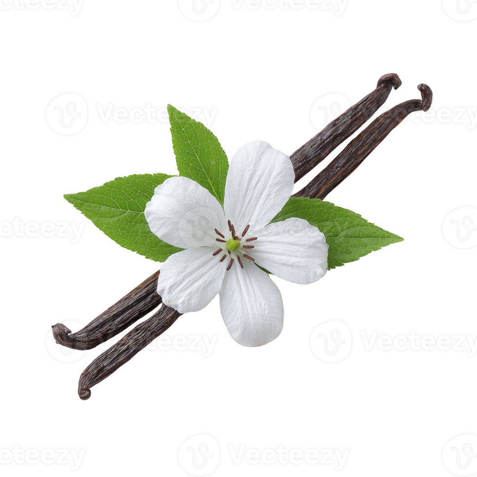 Delicate white flower with green leaves is placed on top of two vanilla pods, creating natural and aromatic composition. image evokes sense of freshness and purity png