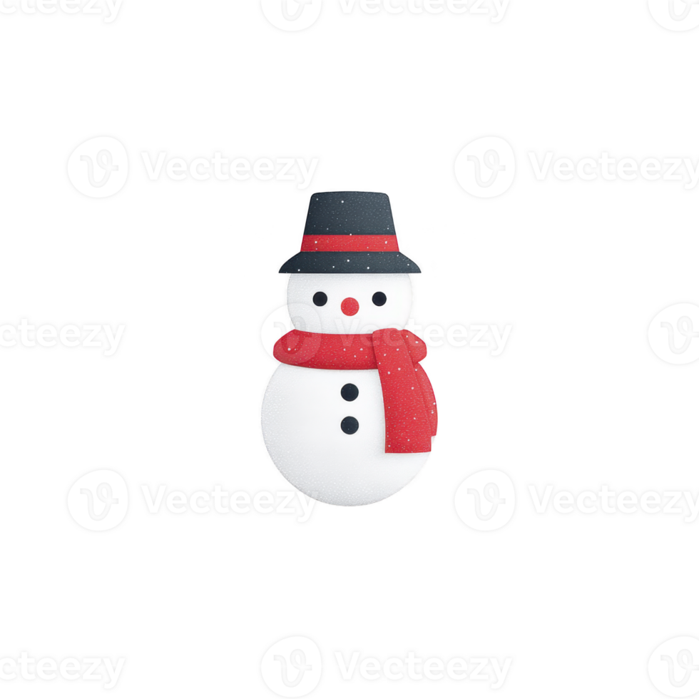 Cheerful snowman with black hat and red scarf stands against transparency background, evoking festive winter atmosphere png