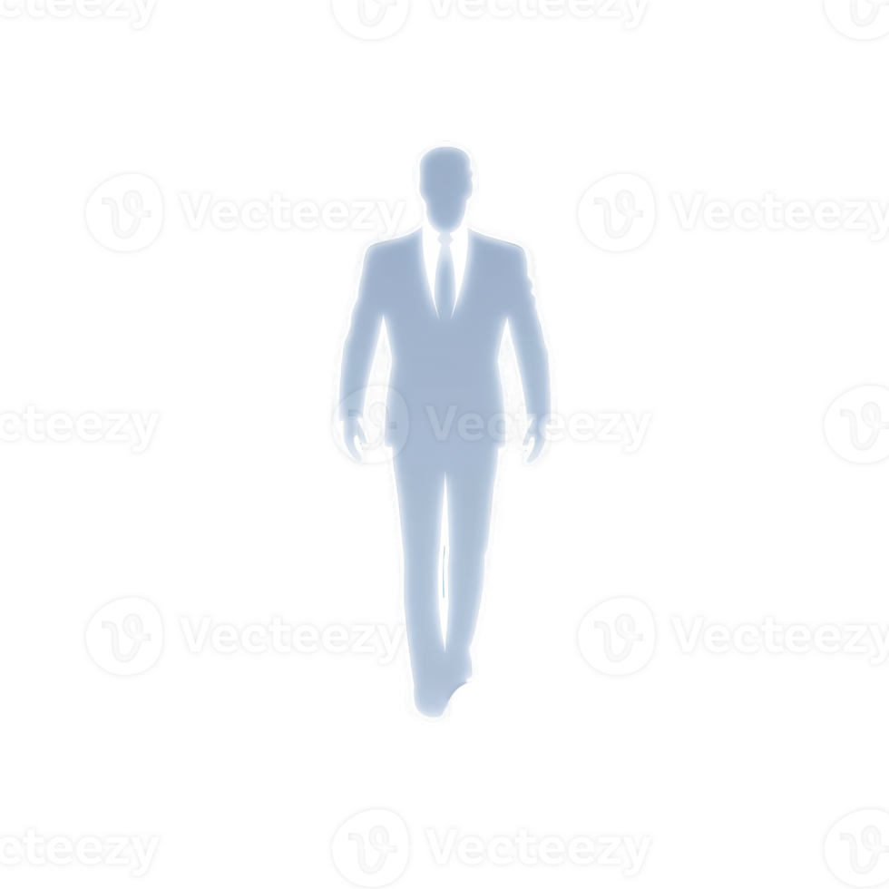 Silhouette of man in suit walking forward, with glowing effect creating mysterious and ethereal appearance. figure is centered against transparency background, emphasizing contrast png