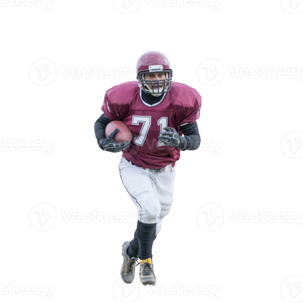 Football player in maroon gear runs with ball, showing determination and focus. player wears helmet and protective padding, emphasizing sport intensity and physicality png