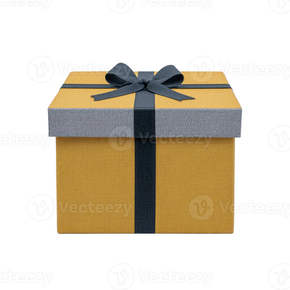 Yellow gift box with textured surface and gray lid is adorned with black ribbon and bow, creating elegant and festive appearance png
