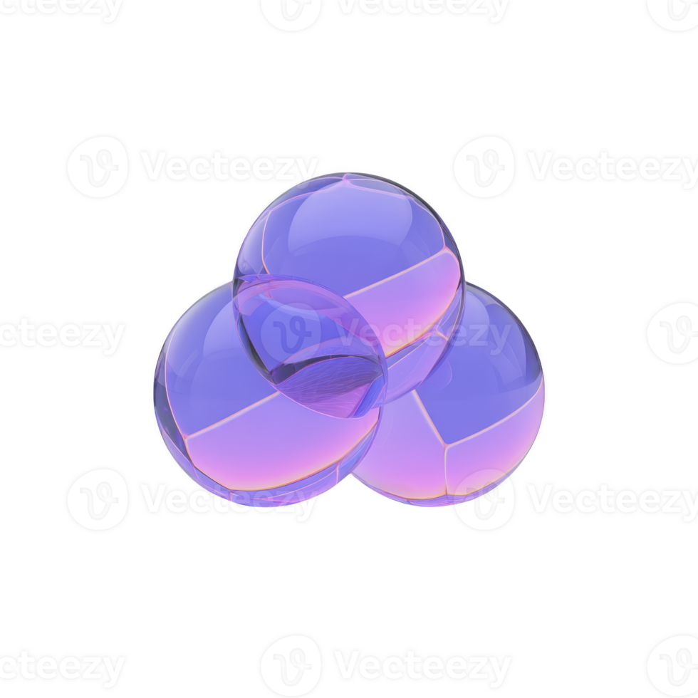 Cluster of three interconnected, translucent spheres with purple and pink gradient, creating futuristic and abstract design. smooth, glossy surface reflects light, adding depth and dimension png