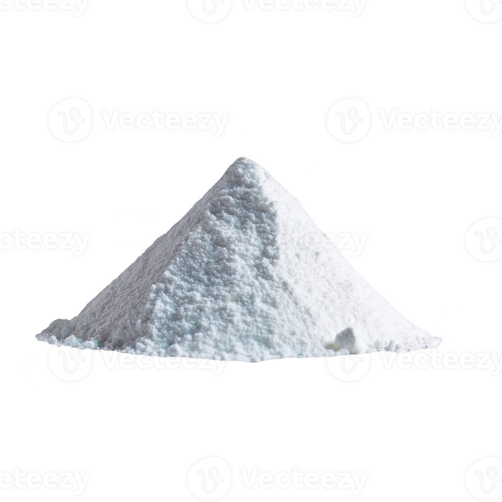 Pile of fine white powder is displayed against plain background, showcasing its texture and purity. powder is heaped in conical shape, suggesting substance like flour or sugar png