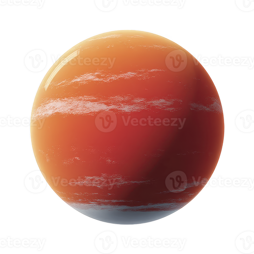 Digitally rendered image of vibrant orange and red planet with swirling white clouds, set against transparent background, evokes sense of cosmic wonder png